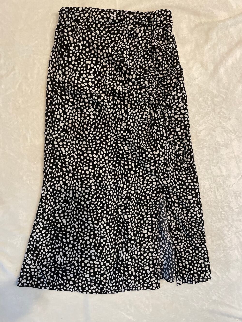 YOZY Polka Dot Print Midi Skirt Black White L Flowy Slit Dotted A-Line Side Tie